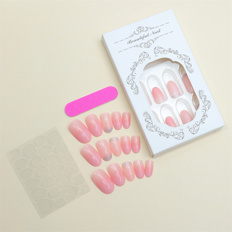 Glitter Gradient Pink False Nail Short Almond Press on Nails for Nail Art 24pcs