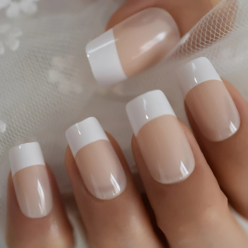 24 Medium Press on Nails kit glue on square baby boomer french white nude