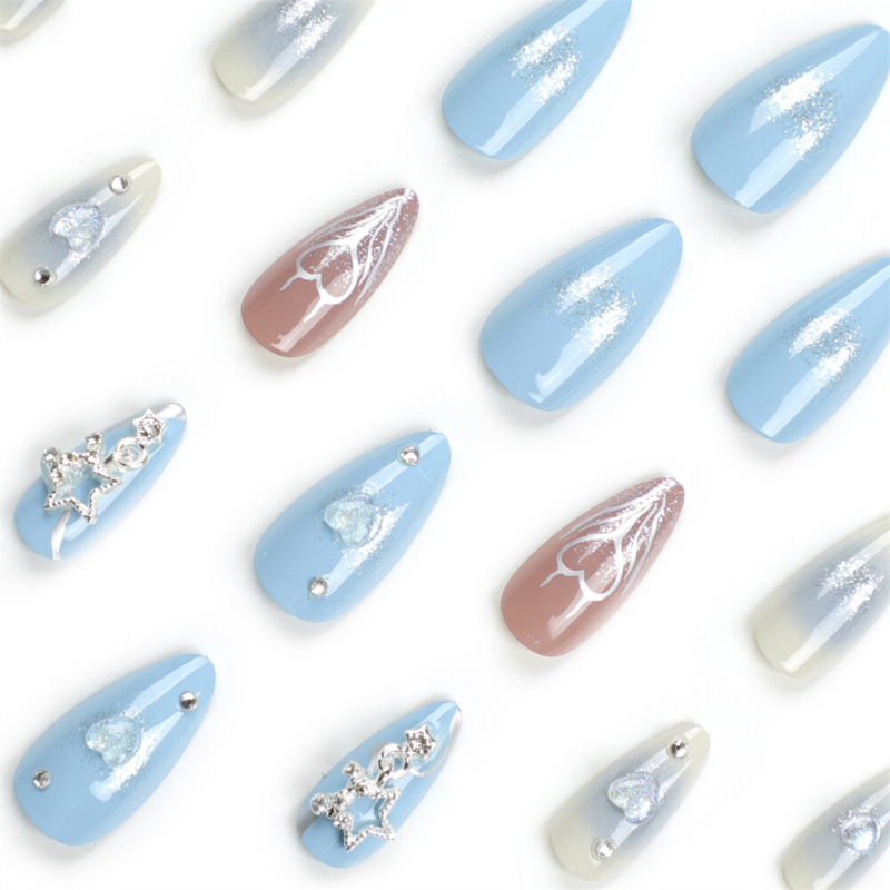 Blue False Nail with Heart Star Short Almond Press on Nails for Nail Art 24pcs