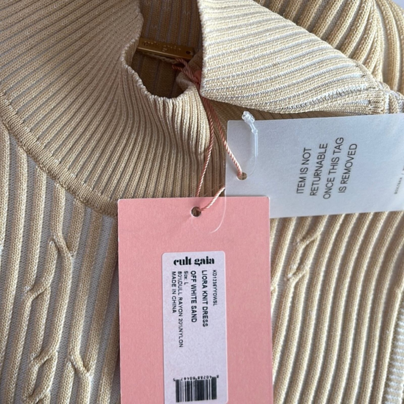 NWT Cult Gaia Knitted Liora Front Wrap Midi Dress in Off White Sand Size Large
