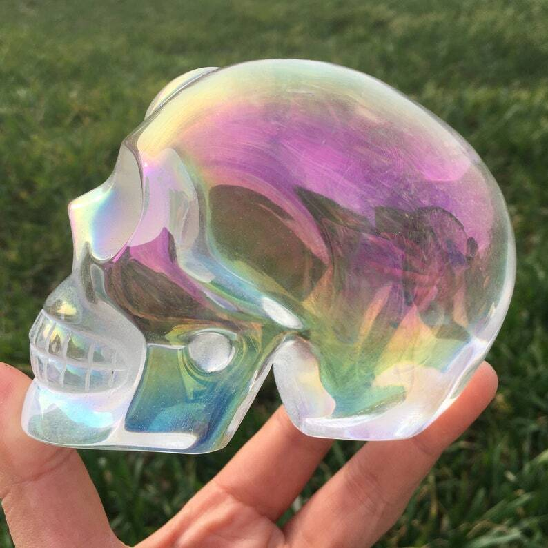 Rainbow Titanium Aura Clear Melting Stone Skull Reiki Heal Crystal sculpture