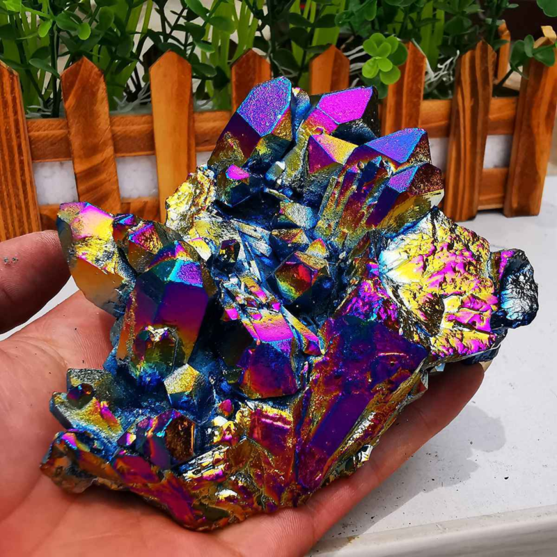 380gColor Flame Aura Electroplate Quartz Crystal Cluster Specimen Healing Stone