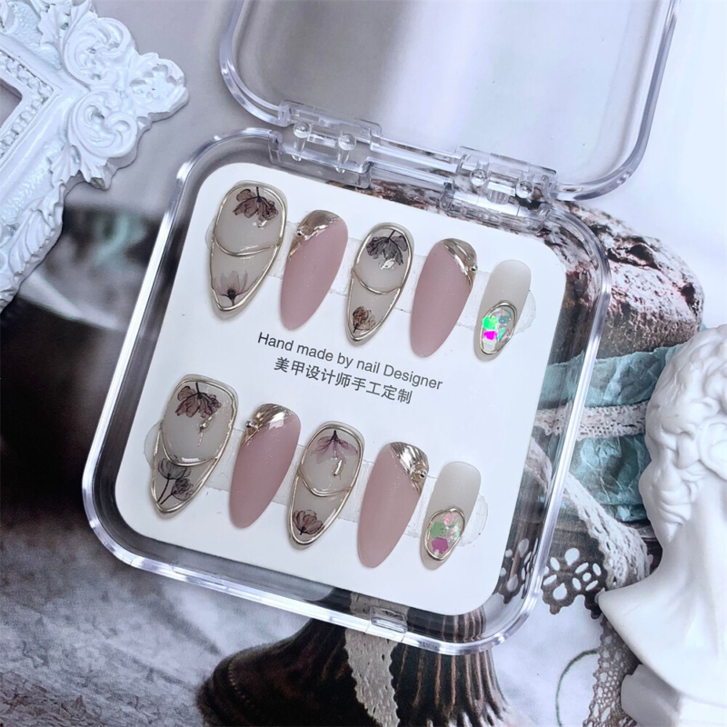 10PCS Handmade Fake Nail Dream Flowers Short Almond Press on Nails for Nail Art
