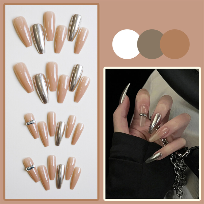 Mirror Nude Color Fake Nail Long Coffin Tips Press on Nails for Nail Art 24pcs