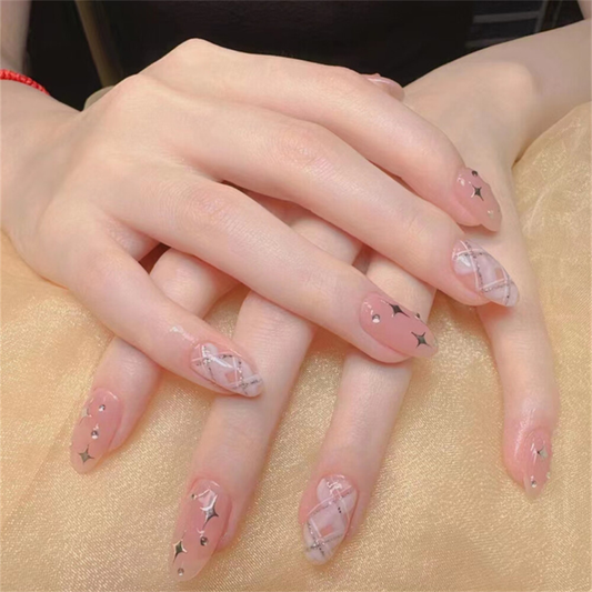 Nude Color Grids False Nail Short Almond Press on Nails for Nail Art Decor 24pcs