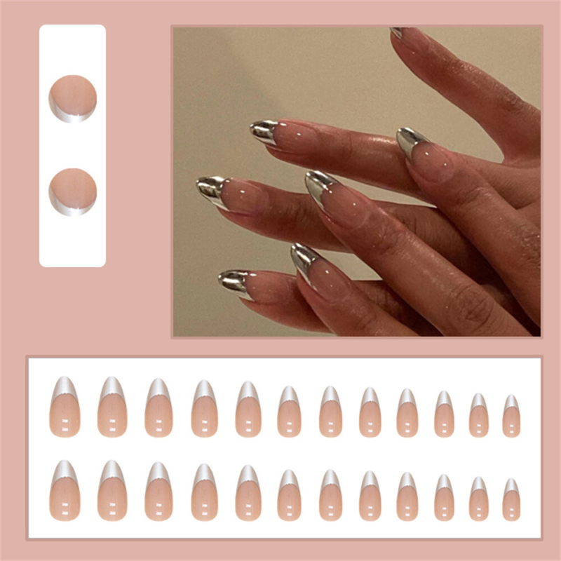 French Mirror Silver False Nail Short Almond Press on Nails for Nail Art 24pcs