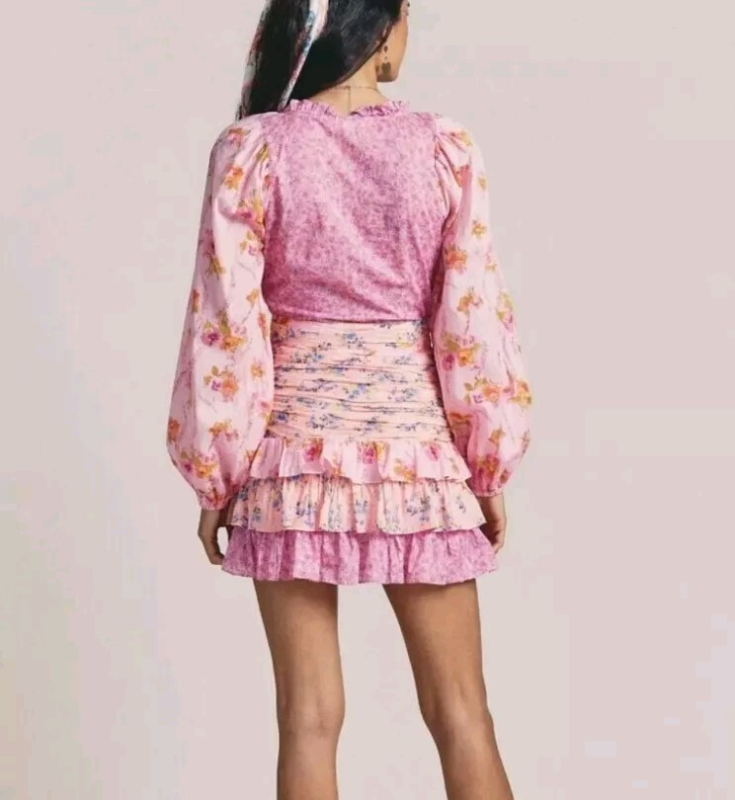 LOVESHACKFANCY Rina Floral Print Ruffled Mini Dress, Exploded Pink Size 00