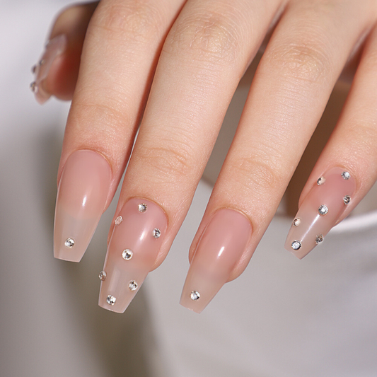 Coffin Long Press-On Fake Nail Sparkling Diamonds Nude Color Manicure 24pcs