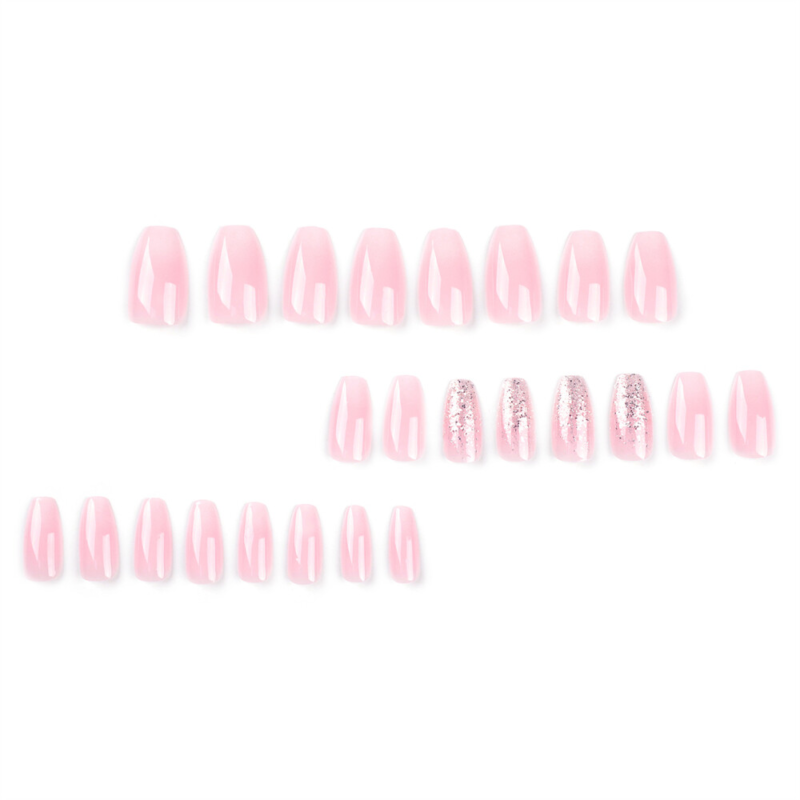 Pink Color Glitter False Nail Short Coffin Press on Nails for Nail Art 24pcs