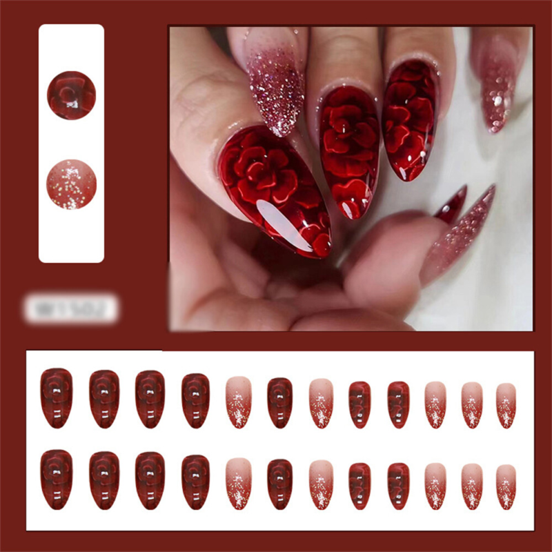 Red Flowers Glitter False Nail Short Almond Press on Nails for Nail Art 24pcs