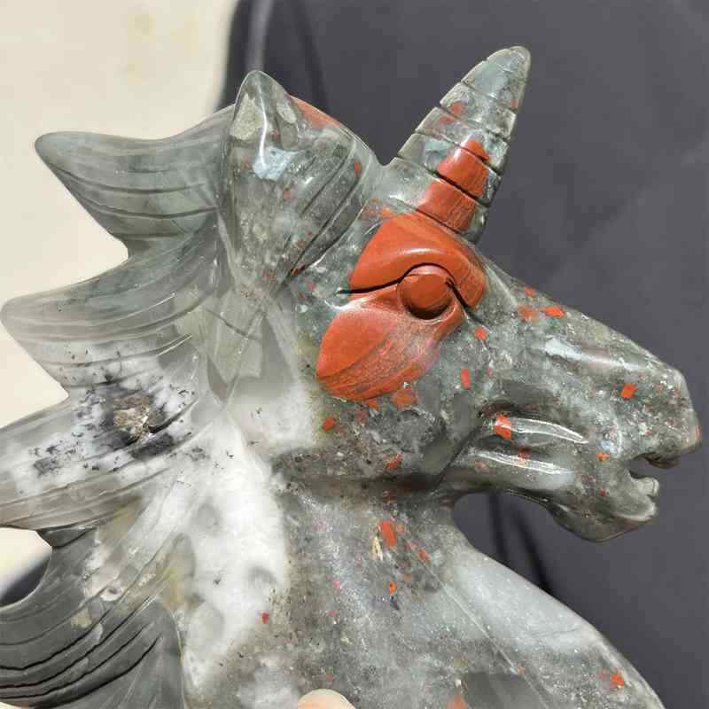 0.48kg Natural Blood stone unicorn skull carved Quartz Crystal skull Healing