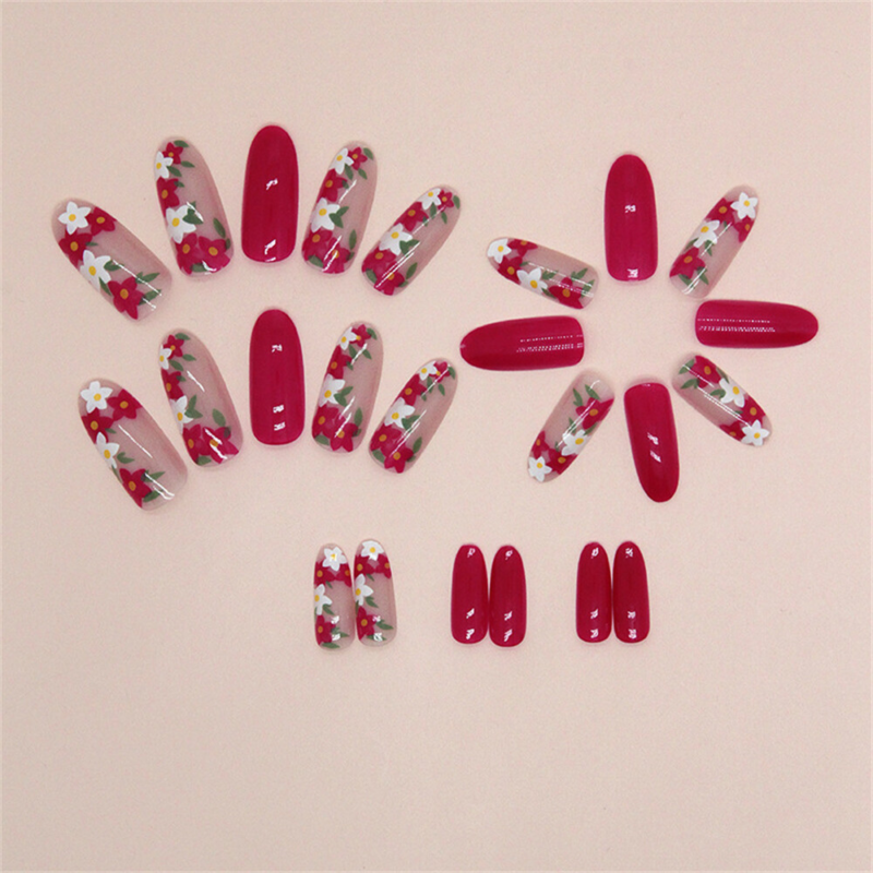 Retro Flowers False Nail Short Almond Autumn Press on Nails for Nail Art 24pcs