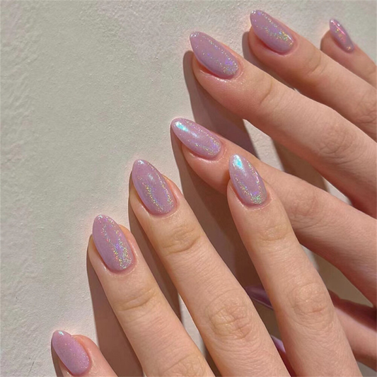Laser Purple Aurora False Nail Short Almond Press on Nails for Nails Art 24pcs