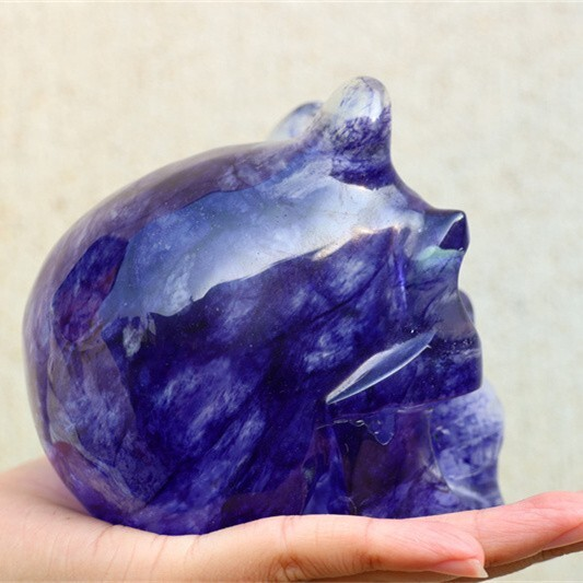 920g Blue Smelting Stone Cow skull Carved Reiki Quartz Crystal Skull Healing Min