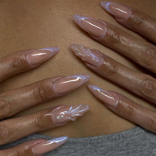 Almond Short Press-On False Nail 3D Soild Shell Aurora Nude Color Manicure 24pcs