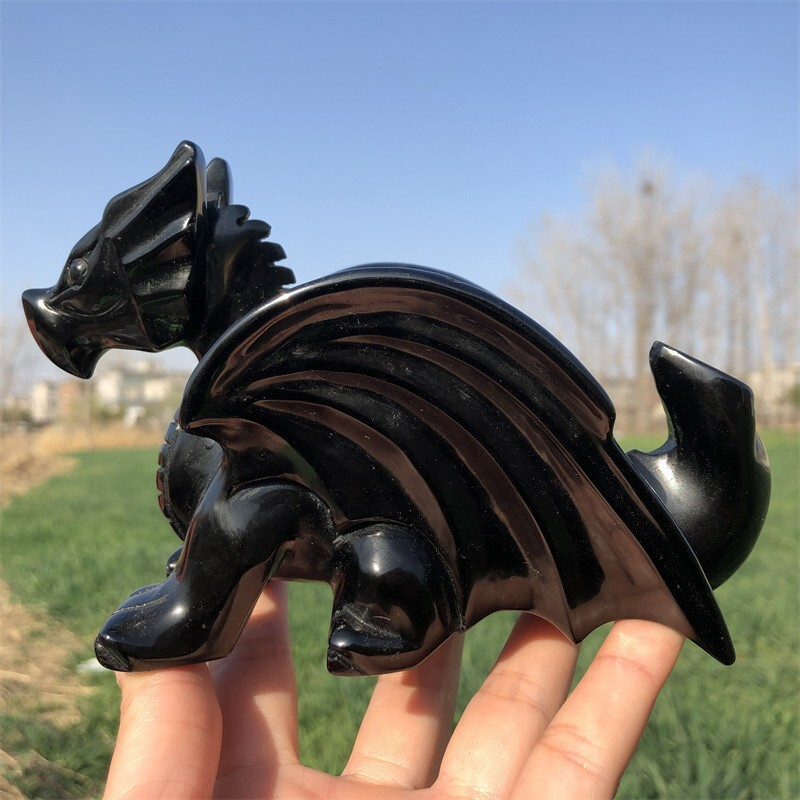 0.63kg Natural obsidian Quartz hand Carved Flying dragon crystal Reiki healing