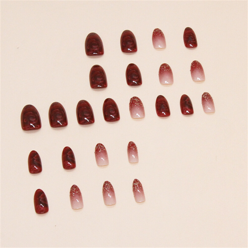 Red Flowers Glitter False Nail Short Almond Press on Nails for Nail Art 24pcs