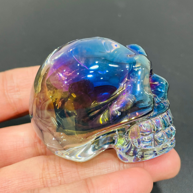 2" Rainbow Titanium melting Quartz Hand carved skull crystal reiki healing 1PC