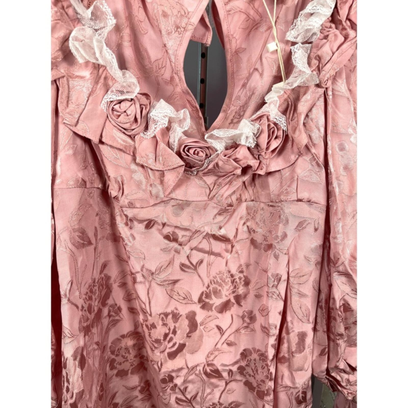 NWT For Love and Lemons Pink Rosalia Ruffle Floral Jacquard Mini Dress Size M