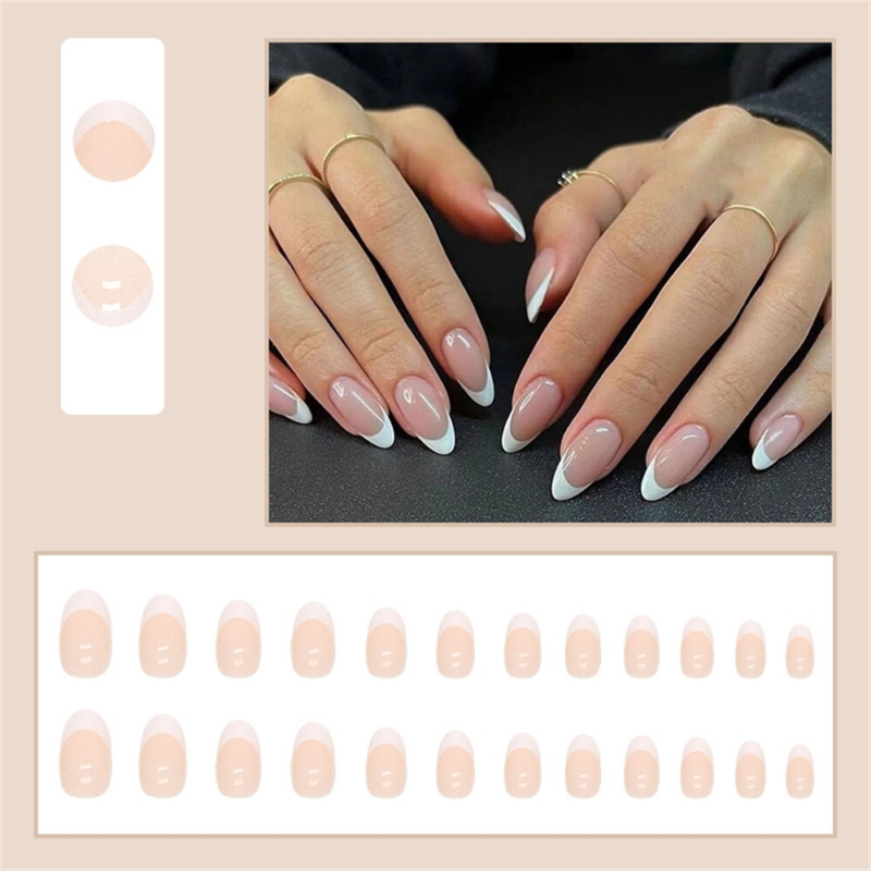 Winter French White False Nail Short Almond Press on Nails for Nail Art 24pcs