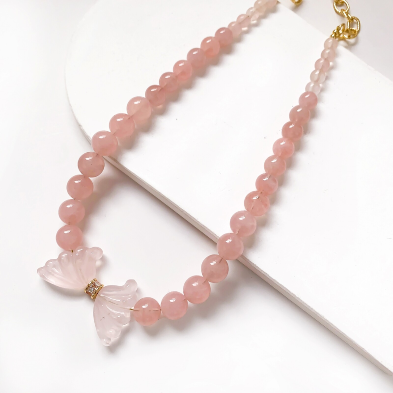 Natural Healing 10mm Rose Quartz Butterfly Pink Stone Love Choker Necklace
