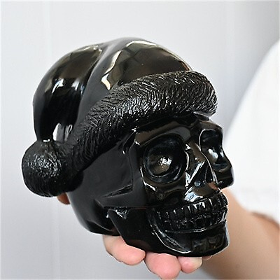 1.25kg Hand Carved Natural Obsidian Santa Hat Skull Reiki Crystal Skull decor Gi