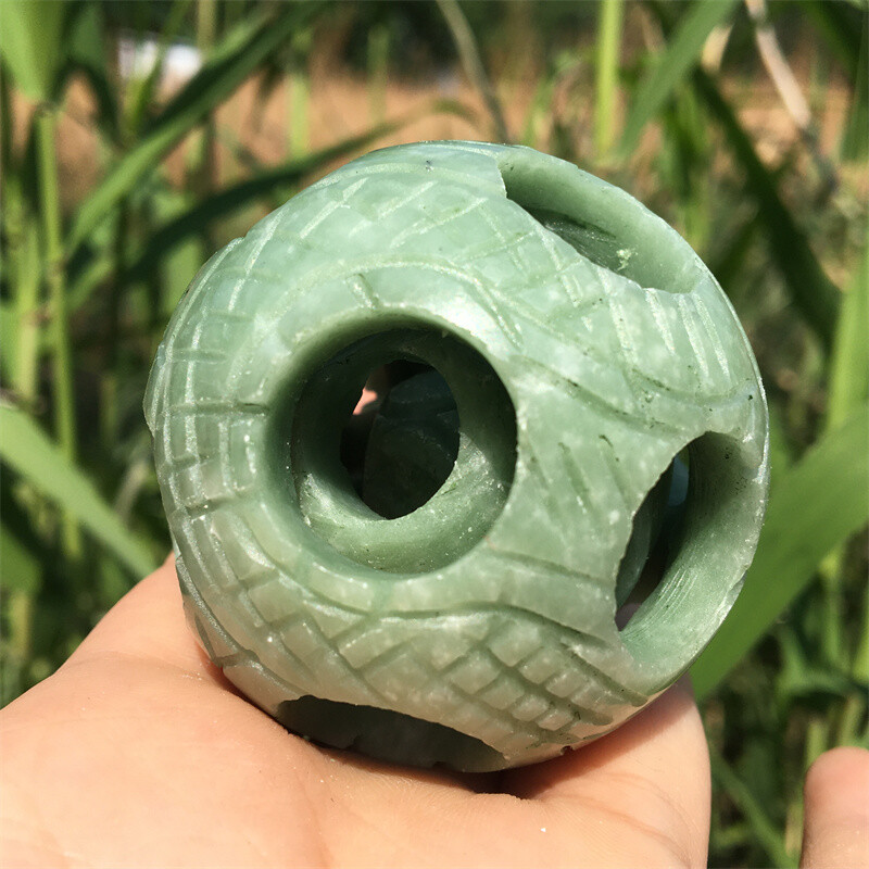 2" Natural green jade Exquisite Carved sphere Quartz Crystal reiki ball care