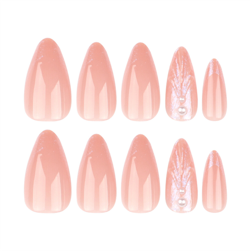 Almond Short Press-On False Nail 3D Soild Shell Aurora Nude Color Manicure 24pcs