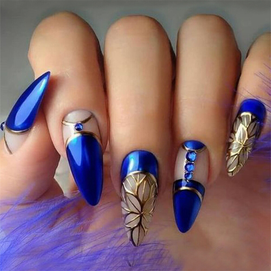 Glossy Blue Retro False Nail Short Almond Press on Nails for Nail Art 24pcs