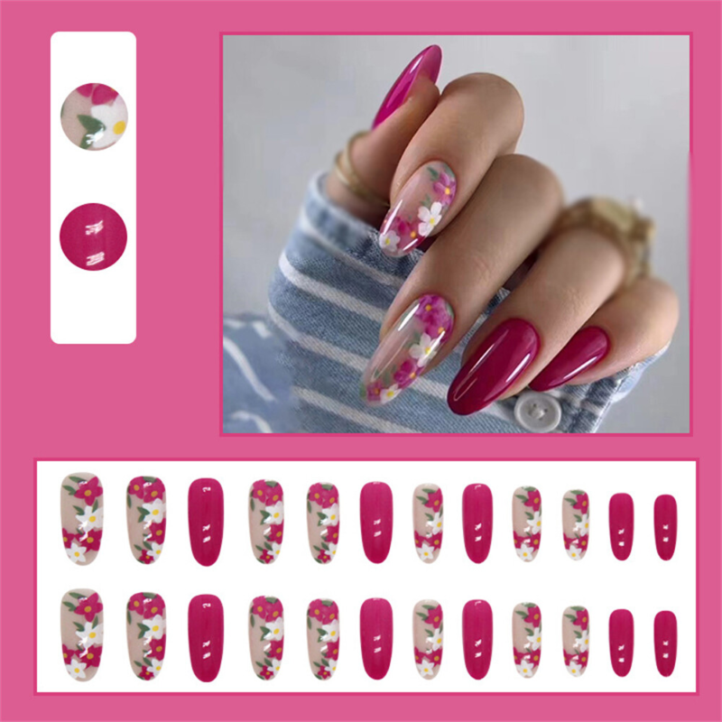 Retro Flowers False Nail Short Almond Autumn Press on Nails for Nail Art 24pcs