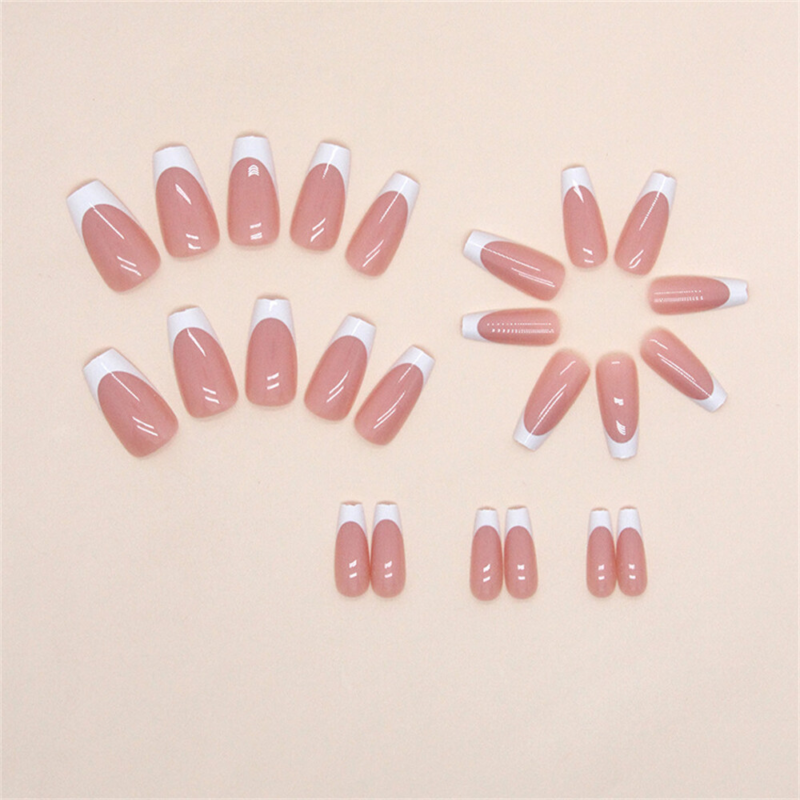 Nude Color French Fake Nail Winter Long Coffin Press on Nails for Nail Art 24pcs