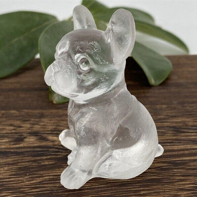 Natural Quartz Crystal Carved Rough Stone French Bulldog Healing Animal Decor