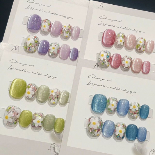 Handmade Painting Spring Colorful Flowers Short Almond Press on Nail Nail Art