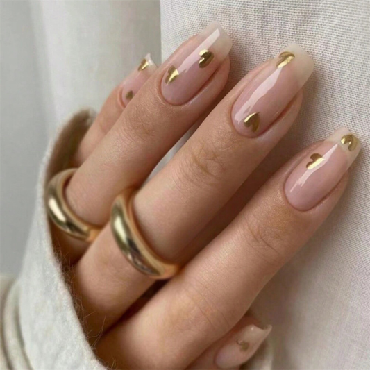 Gold Heart False Nail Nude Color Medium Square Press on Nails for Nail Art 24pcs