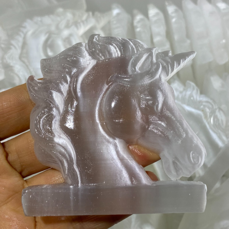 Natural Gypsum Selenite unicorn Hand Carved Quartz Crystal Reiki healing 1PC