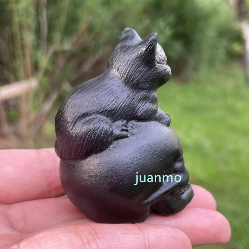 2"Natural obsidian quartz hand carved cat skull gift crystal reiki healing1pc