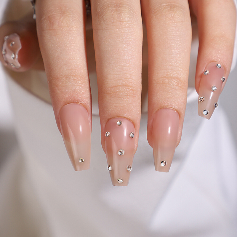 Coffin Long Press-On Fake Nail Sparkling Diamonds Nude Color Manicure 24pcs