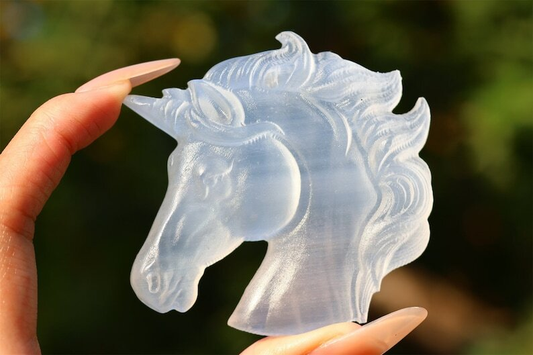 3.1" Hand Carved Natural Gypsum Unicorn Reiki Crystal Skull Decor Gift 1pc