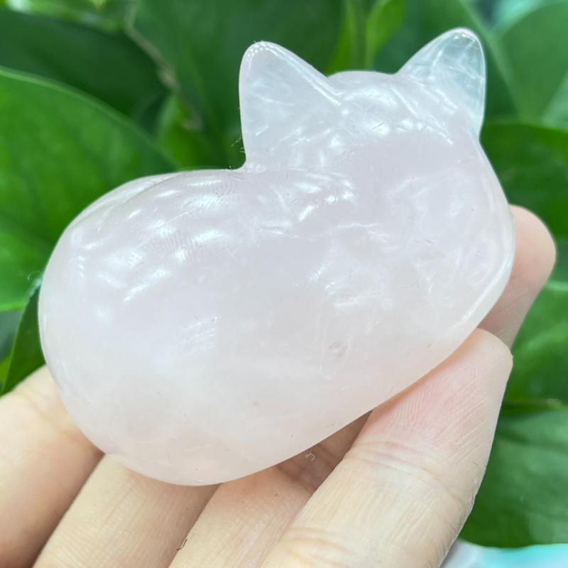 1pc Natural pink rose quartz Sleep cat carved quartz crystal animal skull 2"