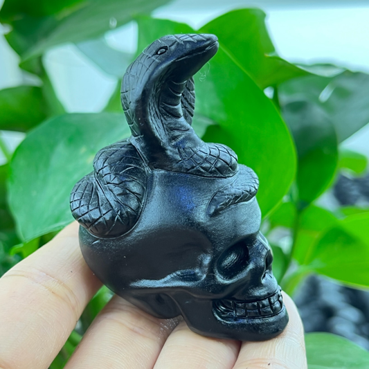 1pc Natural obsidian snake hand carved quartz crystal animal skull Reiki gift 2"