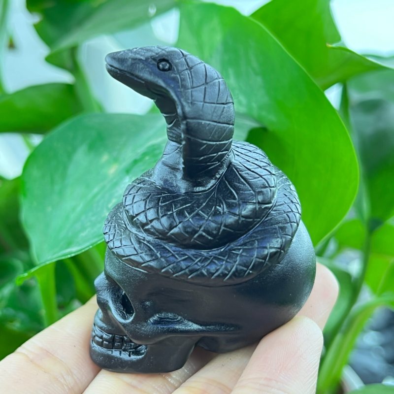 1pc Natural obsidian snake hand carved quartz crystal animal skull Reiki gift 2"