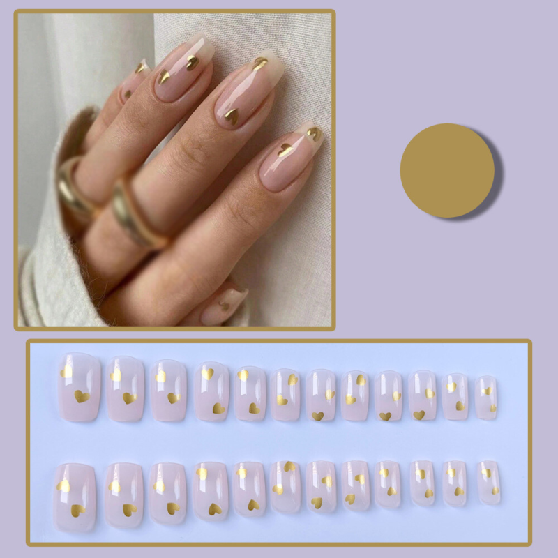 Gold Heart False Nail Nude Color Medium Square Press on Nails for Nail Art 24pcs