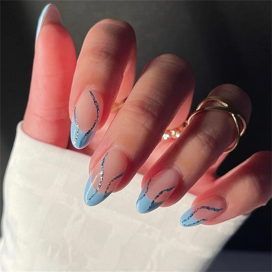 Glitter Waves Blue False Nail Short Almond Press on Nails for Nails Art 24pcs