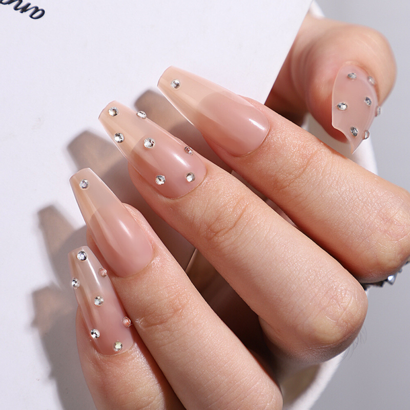 Coffin Long Press-On Fake Nail Sparkling Diamonds Nude Color Manicure 24pcs