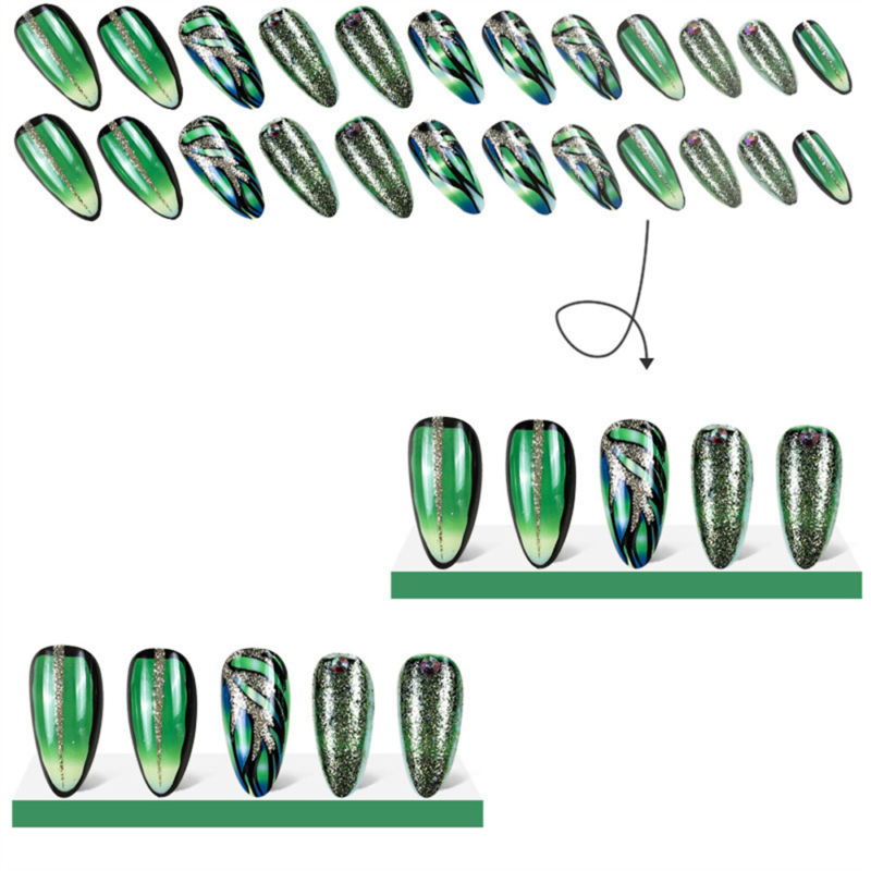 Sparkling Crack Green False Nail Short Almond Press on Nails for Nail Art 24pcs