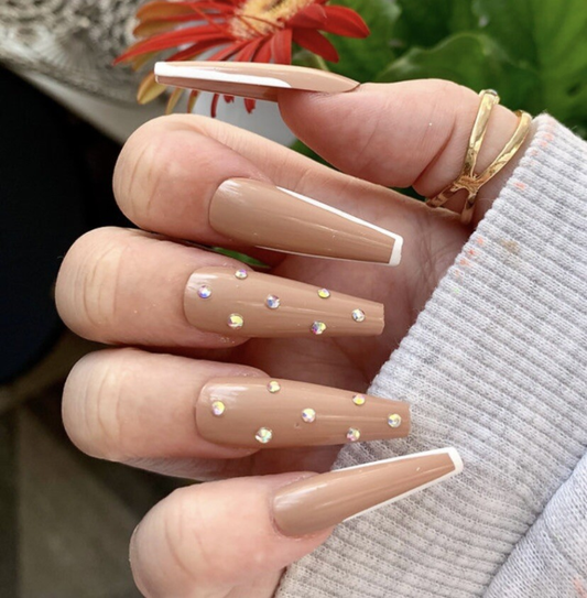 Nude Bling Diamante False Press On XL Ballerina Nails Set