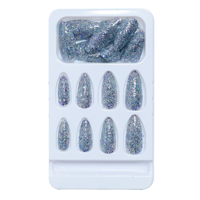 Sparkly Gray Blue False Nail Long Almond Press on Nails for Nail Art Decor 24pcs