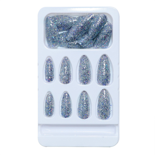 Sparkly Gray Blue False Nail Long Almond Press on Nails for Nail Art Decor 24pcs