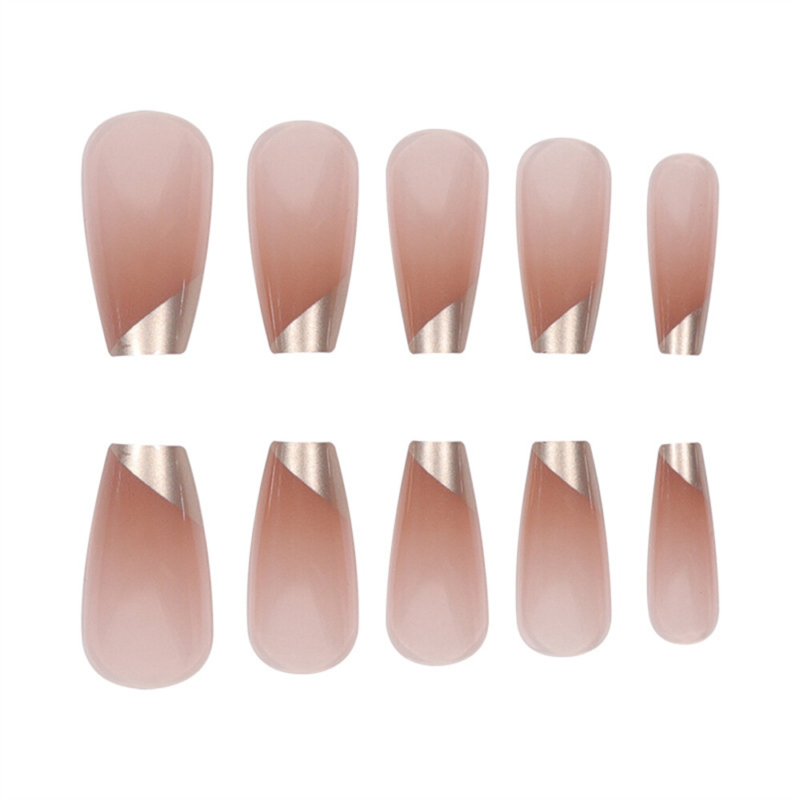 French Gold Nude Color Fake Nail Medium Coffin Press on Nails for Nail Art 24pcs