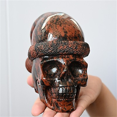 1.02kg Hand Carved Natural Red Obsidian Santa Hat Skull Reiki Crystal Skull Gift